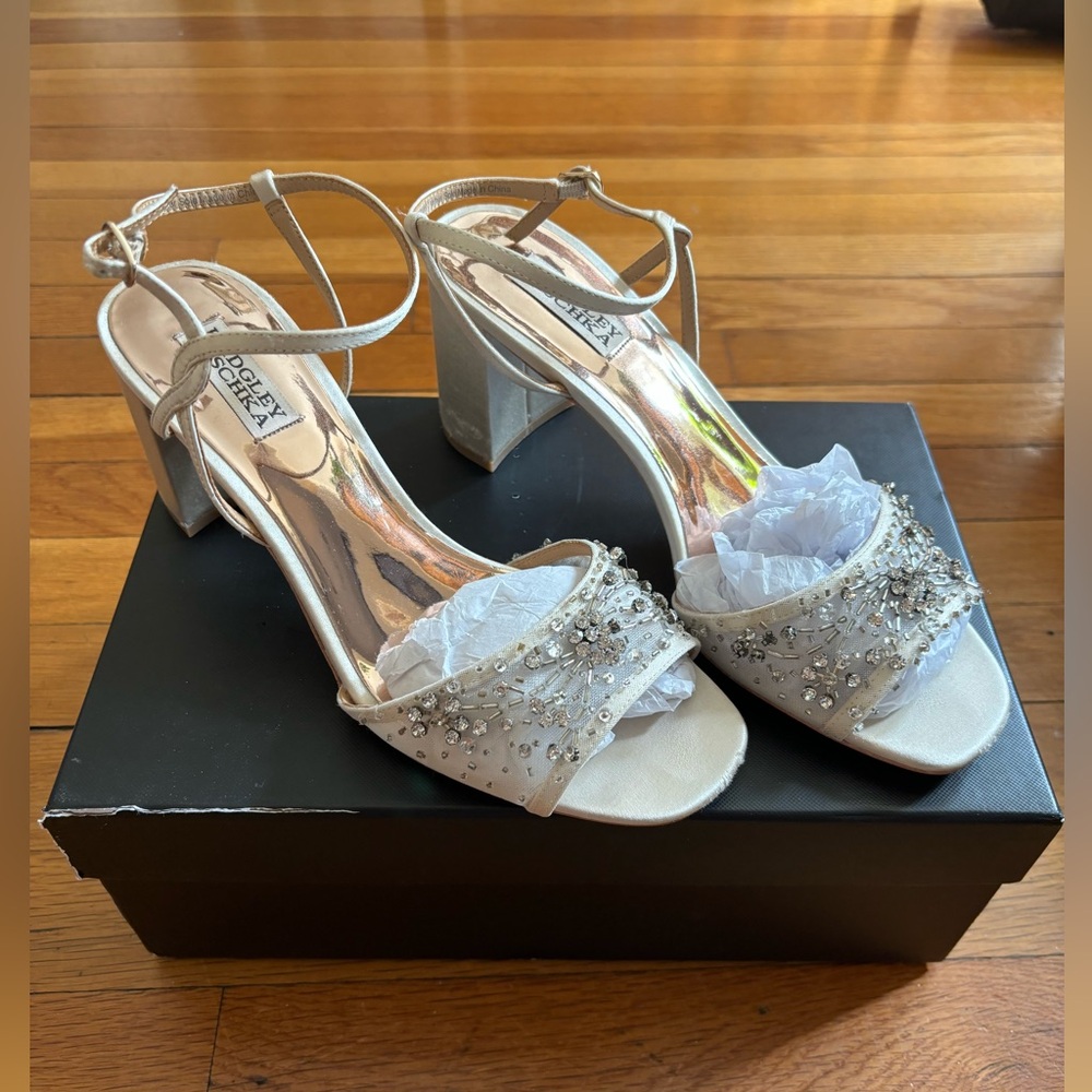 Badgley Mischka Ivory Satin Embellished Block Heel Sandal